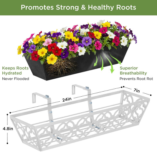 HFHOME 4 Pack 24 Inch Railing Planter Boxes with Adjustable Brackets & Non-Woven Fabric Liner Adjustable Gray Metal Window Box Planter for Balcony Deck Fence, Hanging Flower Basket for Outdoor Garden
