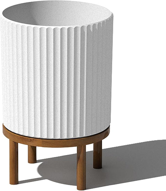 Veradek Demi Series Round Planter w/ Stand for Porch/Patio | Durable Plastic-Concrete & Wooden Stand | Modern Décor for Tall Plants, Flowers