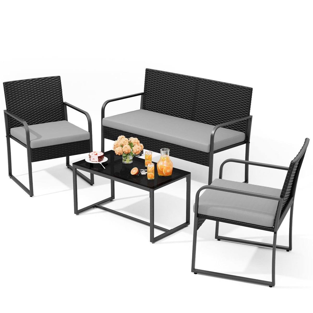 Gizoon 4 Piece Patio Furniture Set, Cushion-Grey