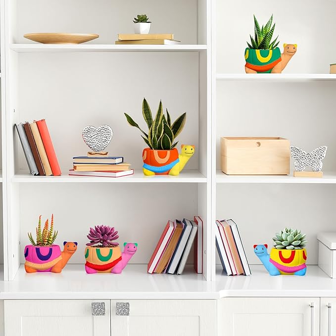 Pasimy 6 Set Ceramics to Paint DIY Ceramic Succulent Planter Pots Paint Your Own Flower Pots Craft Kit Unpainted Bisque Flowerpot with Brush Palette for Family Activity Holiday Gifts(Turtle)