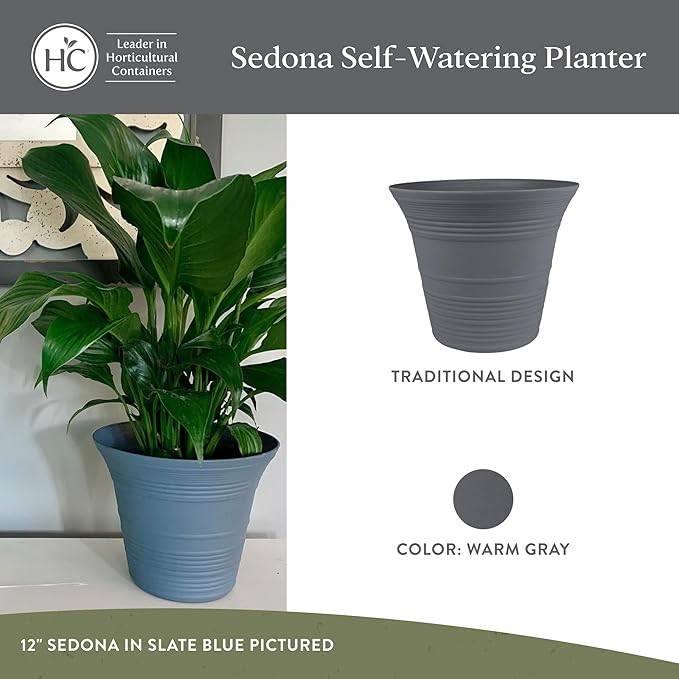 The HC Companies Sedona Round Self-Watering Pot - Lightweight Self Care Planter - Plastic Planter for Herbs & More - Durable Plant Pots for Indoor Plants & Outdoor Plants (14" Warm Gray, Pack of 1)