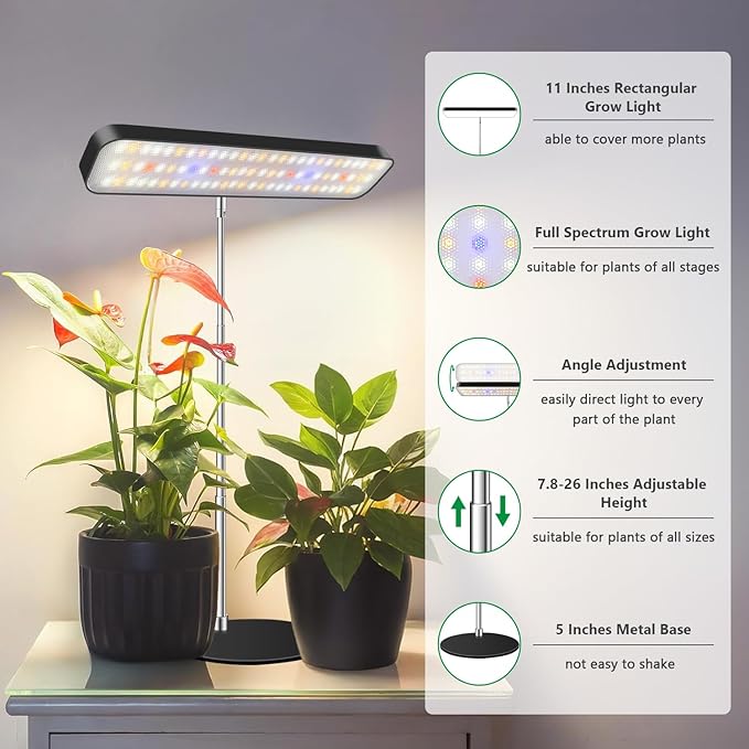 Aumtrly Grow Light, Full Spectrum Desktop Plant Lights for Indoor Growing Seedling 2 Pack, Large Area Lighting LED Grow Lamp with Base, Height Adjustable 26 Inch Black with 6/12/16H Timer