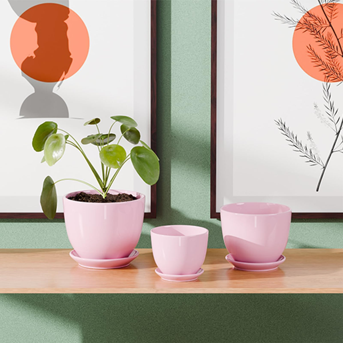 Pink Plant Pots,Ceramic Flower Pots Set of 3 with Drainage Holes & Saucers