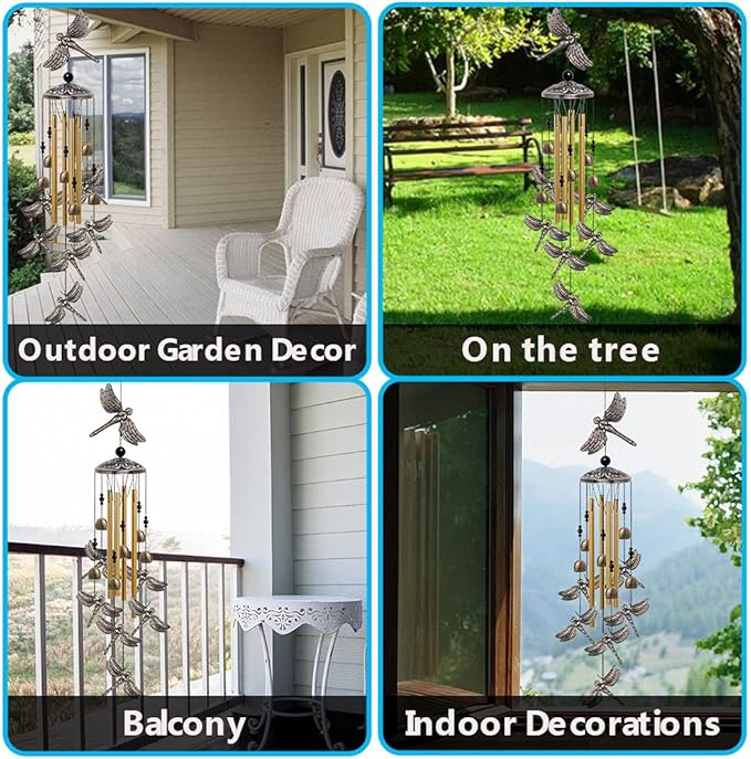 Garden Dragonfly Wind Chimes Outdoor Decor - With 4 Tubes 6 Bells 7 Dragonflies Mobile Romantic Wind Catcher, Dragonfly Windchimes for Home, Xmas Mom Gifts, Festival, Balcony, Garden Decoration