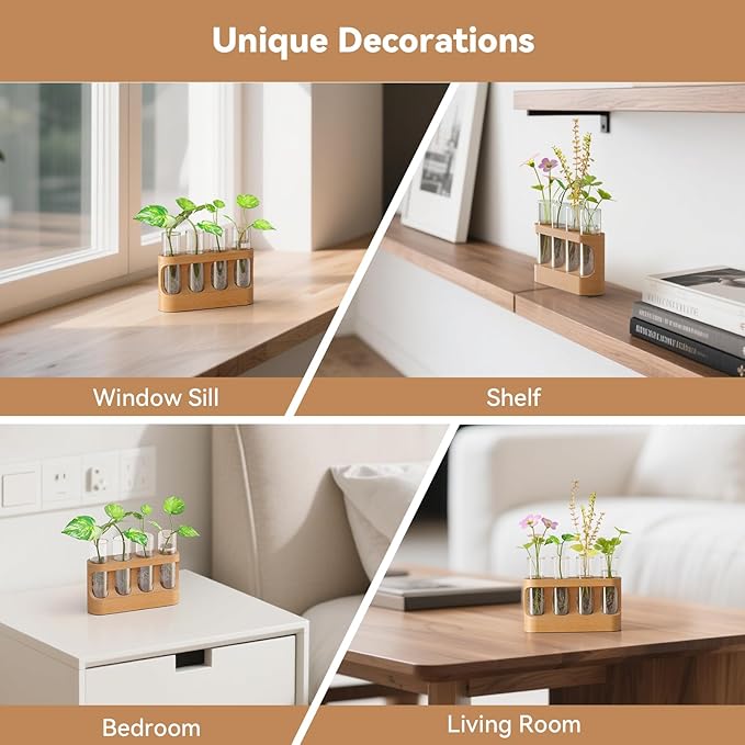 Plant Propagation Station with Wooden Stand, Gardening Gifts for Mom Women Plant Lovers, 9-Level Dimmable LED Light 4 Glass Test Tubes Vases for Hydroponic Plants - Desktop Terrarium for Home Decor
