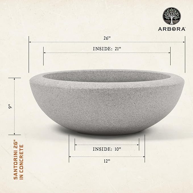 ARBORA 26" Santorini Bowl Polyresin Indoor and Outdoor Planter with Stone Blend Concrete Gray Finish - Durable, Weatherproof, Lightweight, Large Plant Pot for Patio, Garden, Deck, Entryway