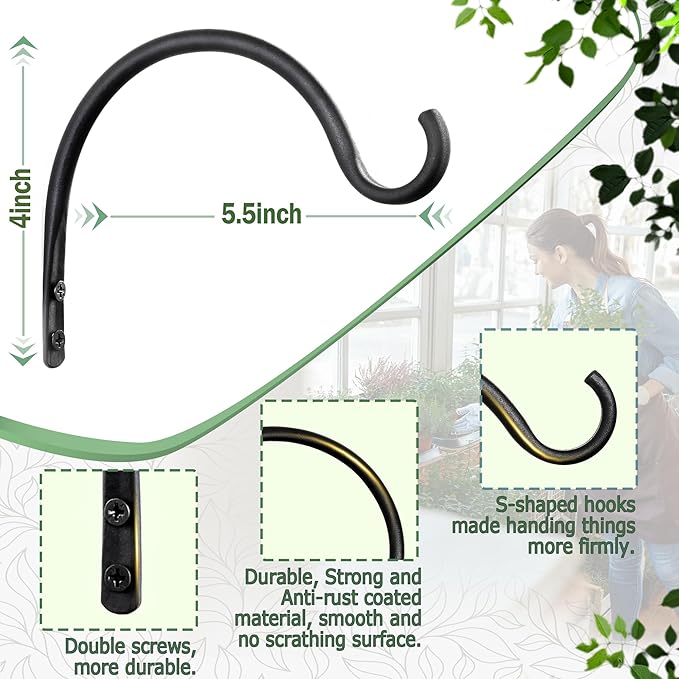 AJART Hanging Plant Hanger Outdoor: 5.5-Inch Bird Feeder Wall Hooks - Rust-Resistant Plant Bracket Hook for Hanging Flower Baskets