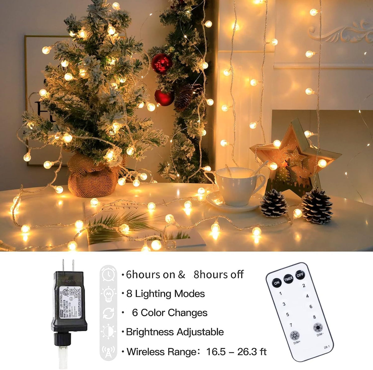 65.6ft Plug in Globe String Lights with Remote for Indoor Warm White