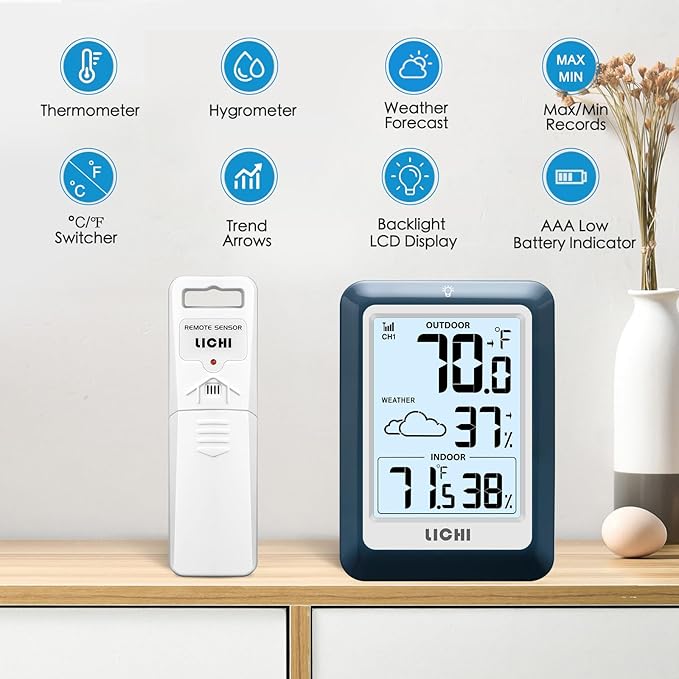Indoor Outdoor Thermometer Wireless Weather Station, Internal External Thermometer Hygrometer, Home Batteryoperated Temperature Humiditymonitors330 Feet (About 100 Meters) Backlight Display (Blue)
