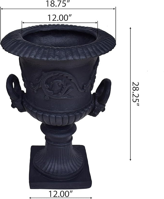 Merax 28-inch MGO Roman Garden Urn Planter, Lightweight Concrete Indoor Outdoor Flower Pot with Drainage Hole & Stopper, Stone-Look Planter for Plants, Flowers, Succulents, and Herbs, Black