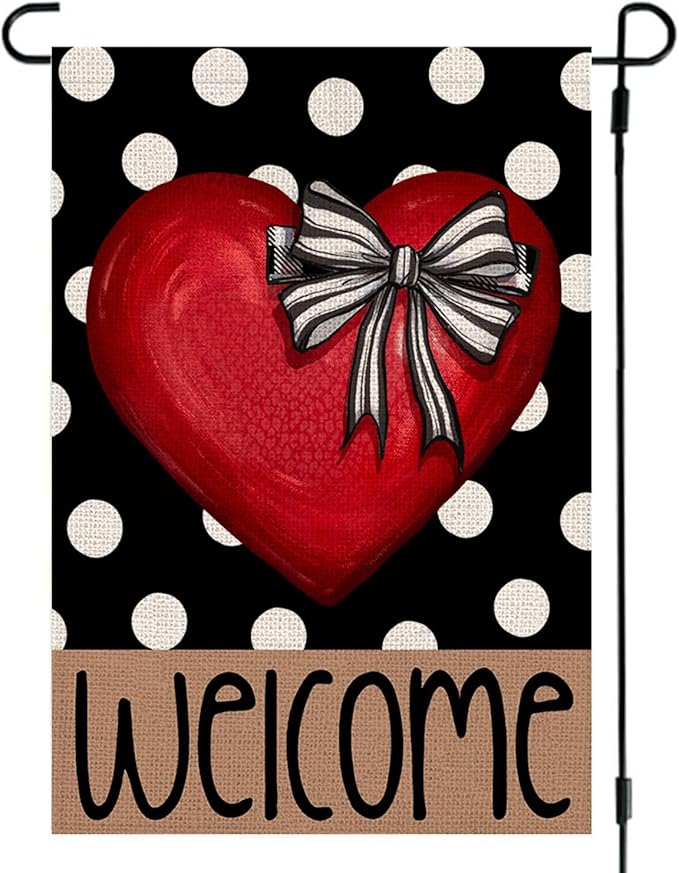 Valentines Day Welcome Garden Flag 12x18 Inch Double Sided Outside Polka Dot Red Heart with Bow Love Outdoor Seasonal Yard Holiday Decorations