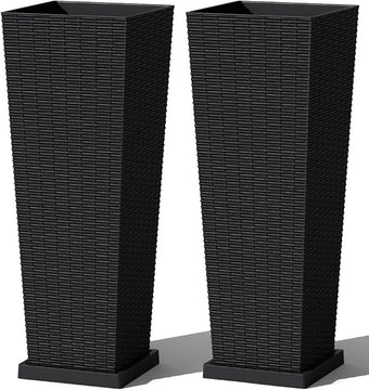 Greesum Set of 2 Tall Plastic Planters with Saucer, 32 Inch Large Pots with Drainage Trays, Weather-Resistant Plastic Plant Containers for Patio, Porch, Garden,Black