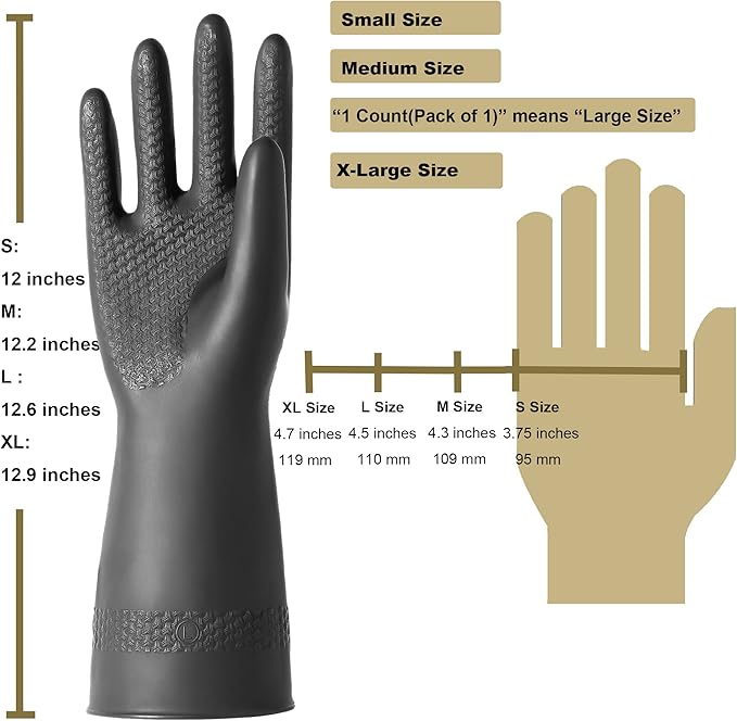 Chemical Resistant Latex Gloves,Cleaning Protective Safety Work Heavy Duty Rubber Gloves, S-M-L-XL Size, Black 1 Pair