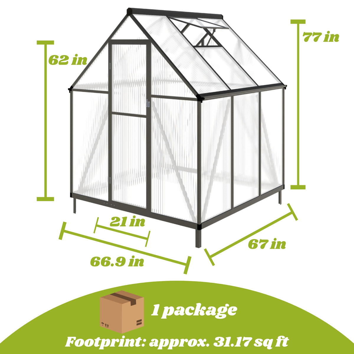 FLY BY YAN 6x6FT Outdoor Greenhouse with Roof Vent, Charcoal Black