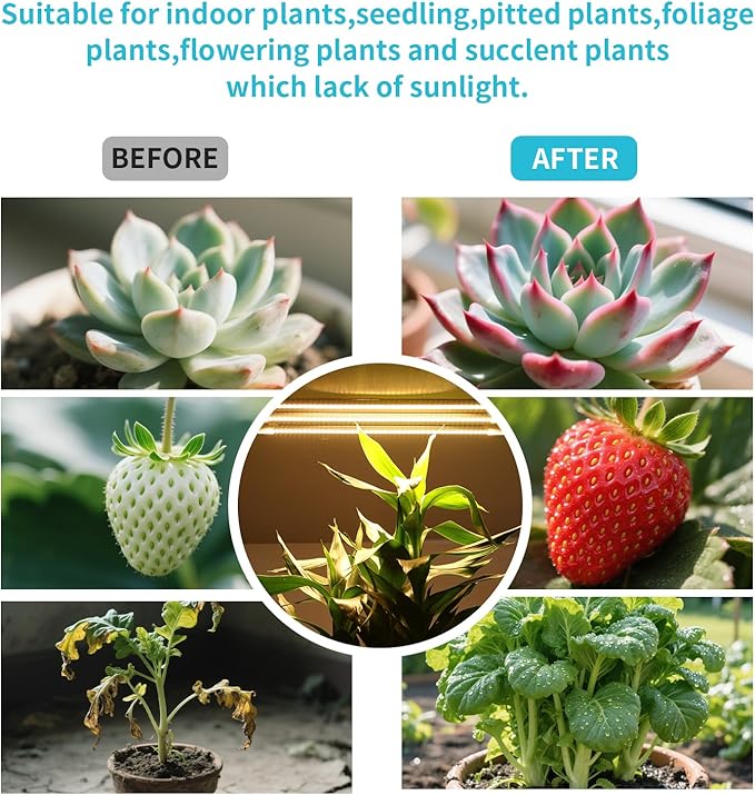 10.2''Grow Light Strips, LED Grow Lamps for Indoor Plants Full Spectrum 3000K, Plant Light Strips with 3/9/12H Timer, 10 Dimmable Levels for Seedling Succulent, Match for Plant Shelf, 3 Head