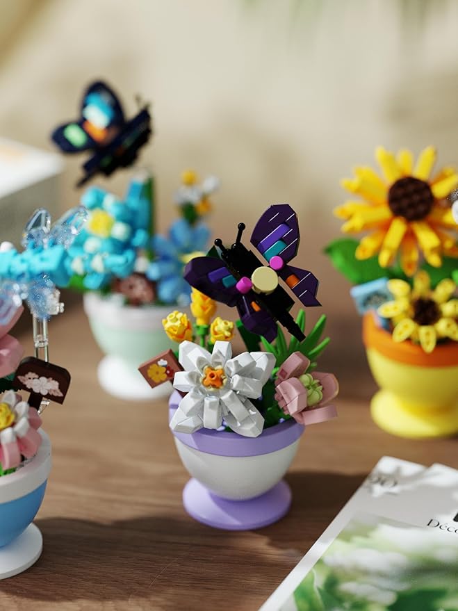 Sacblirr Mini Flower Bonsai with Cute Insects Lotus Dragonfly - DIY Potted Plant Building Blocks for Kids and Adults, Botanical Collection Decor Toy