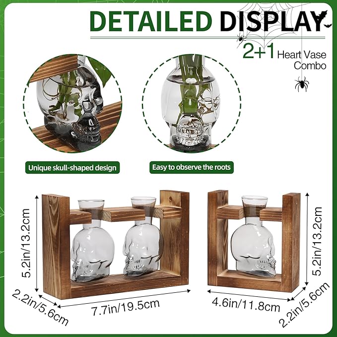 2+1 Plant Terrarium Plant Propagation Station Gifts for Father Halloween Skull Home Office Decor with Wooden Stand