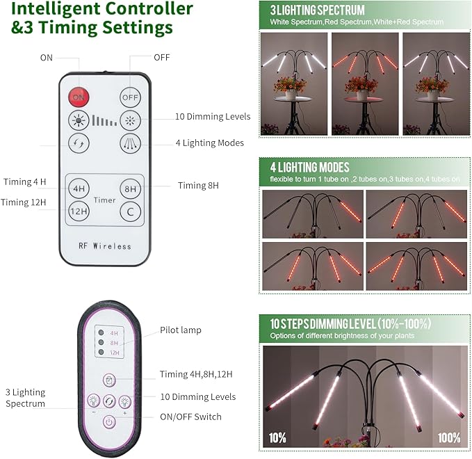 LED Grow Lights for Indoor Plants,LED Plant Grow Light with Stand,Led Full Spectrum,10 Dimmable Levels,3 Modes Timing,Tripod Adjustable 15-72 inch.