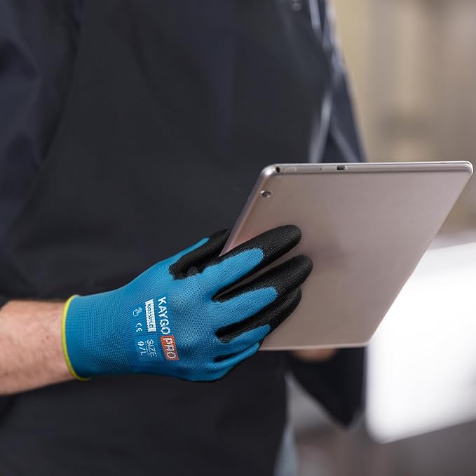 KAYGO Safety Work Gloves PU Coated for Men and Women- KG11PB,12 Pairs,Seamless Knit Glove with Two Fingers Touchscreen,Ideal for General Duty Work (Blue,XL)