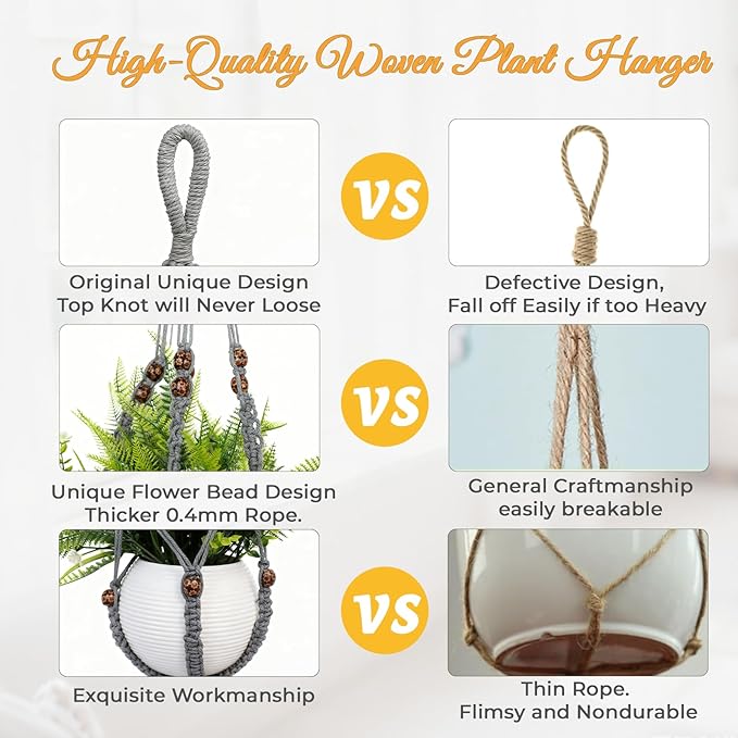 HOREAKHJ 35 Inch Macrame Plant Hanger, Large for up to 15 Inch Pot Extra Long Hanging Planter Holder Basket with Wood Beads for Indoor Outdoor Home Decor (Grey, 1-Pack)