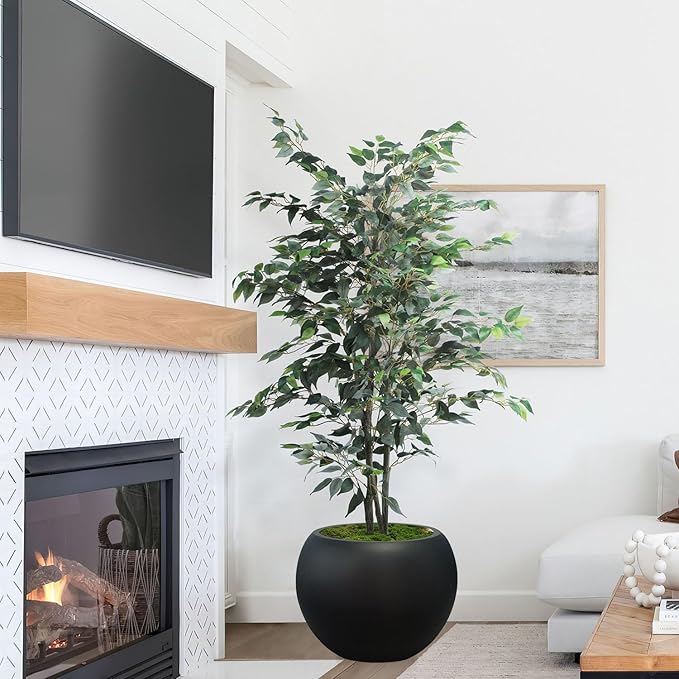13.5 H x 17" Dia (12" Pot Opening) Round Fiberstone Planter with Drainage Hole, Black, Indoor/Outdoor Large Plant Pot for Home Patio Garden, Ideal for Large Plants