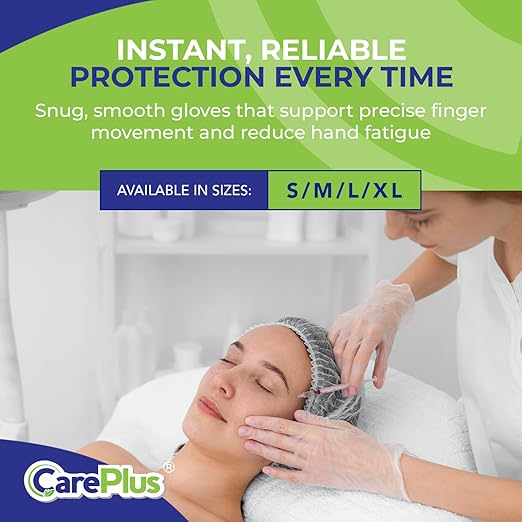 CARE PLUS Pro Vinyl Clear Gloves - Small Size, 100 Count | Latex-Free, Powder-Free, Heavy Duty, Non-Sterile, | Food Prep, Kitchen & Cleaning Gloves, Hair Coloring | Ideal for Professional Use