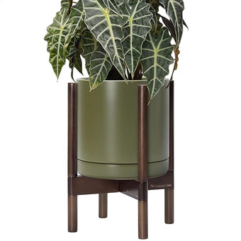 D'vine Dev Ceramic Planter with Walnut Color Stand - 10 Inch Modern Round Flower Pot with Wood Planter Holder, Olive, 55-B-X-J
