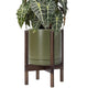 D'vine Dev Ceramic Planter with Walnut Color Stand - 10 Inch Modern Round Flower Pot with Wood Planter Holder, Olive, 55-B-X-J