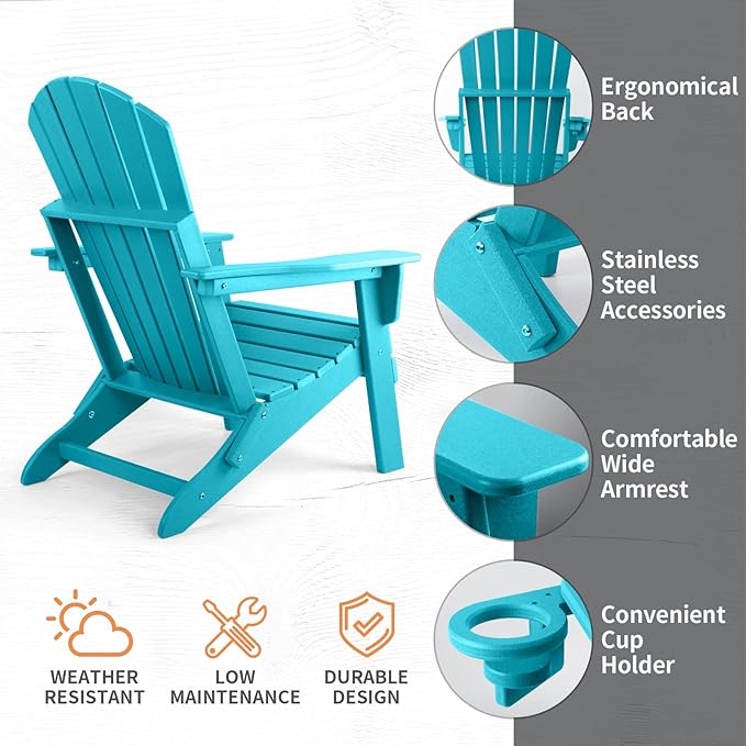 FUNBERRY Folding Adirondack Chair Set of 4, All Weather HDPE Fire Pit Chairs with Cup Holder for Outdoor