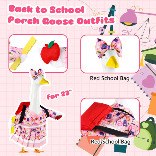 DORONAN Back to School Porch Goose Outfit for 23 Inch Goose Statue, Cute Student Dress with Backpack & Hair Bow, Fits Plastic, Concrete & Resin Garden Goose, School Season Outdoor Yard Patio Decor