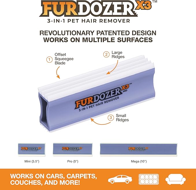 FurDozer Pet Hair Remover & Auto Detailing Tools - Cat & Dog Hair Remover for Carpets, Car Interiors, Couches, Bedding, & Pet Furniture (Purple, (2 Pack) - X3 PRO)