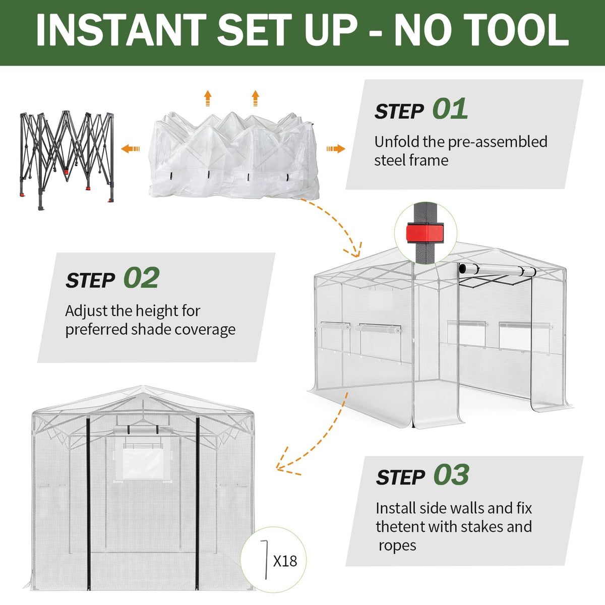 Outvita 8x12ft Greenhouse, Instant Walk-in Pop Up Tent Greenhouse for Indoor Outdoor Gardening Easy Setup Shelter with Roll-up Zipper Entry Doors and Windows