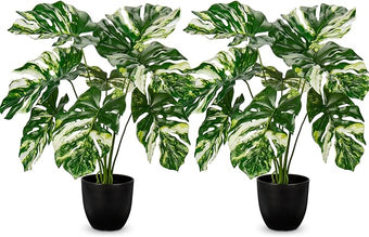 Hollyone Artificial Monstera Plant 17" Faux Monstera Deliciosa Plant in Black Pot Fake Swiss Cheese Tropical Plant Potted for Indoor Outdoor Floor Home Office Living Room Decor, 2 Pack