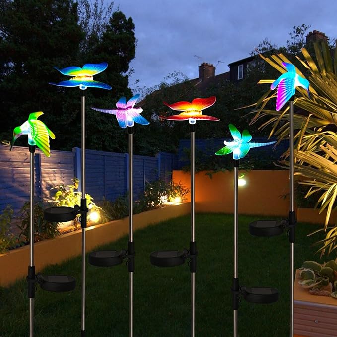 EiGreen 6 Pack Solar Garden Stake Lights Outdoor, Yard Figurine Stake Light, Flower Hummingbird Dragonfly Butterfly for Patio Yard Pathway Decoration (Garden)