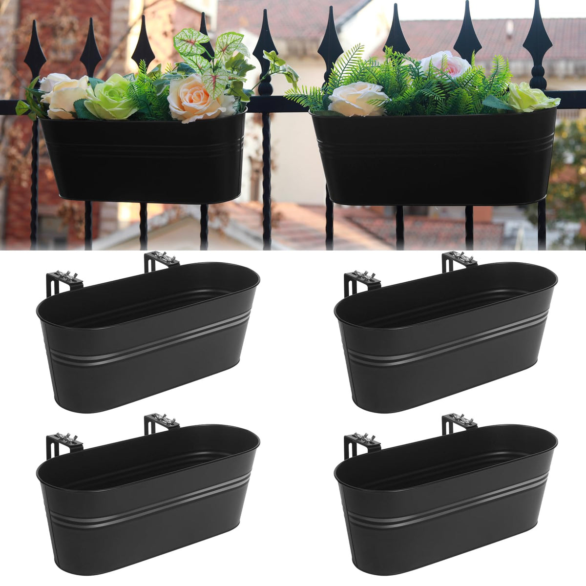 Holensun Railing Planter Box 16 Inch with Adjustable Brackets (4PCS)