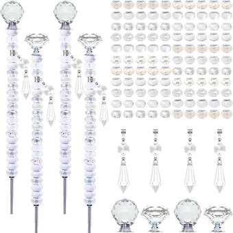 Exway 100 PCS DIY Fairy Wand Beaded Garden Stake Beads Kits with White Large Hole Beads 4 Crystal Stopper Top Threaded Rods and 4 White Sparkling Crystal Pendants for Outdoor Indoor Decor