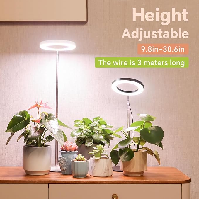 GTRUIIDY Desktop Grow Light, Height Adjustable Grow Lights for Indoor Plants Full Spectrum, 3 Lighting Mode, Halo Grow Light with Timer, Plant Lights for Indoor Growing (White)