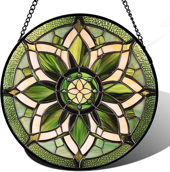 HWRHTR Stained Glass Window Hanging - White Green Boho Flower Suncatcher for Doors Window Home Sun Catchers Decor Christmas Mother's Day Birthday Gifts for Teacher Women Men Mom Nana 11.8 in