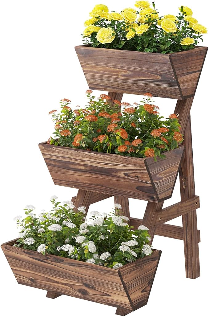 3-Tiers Wooden Raised Garden Bed Tiered Planter Box Flower Pots Vertical Garden Planter Wood Plant Stand Planter Kit for Vegetables Flowers Herbs for Patio Balcony Freestanding (Carbonized S)