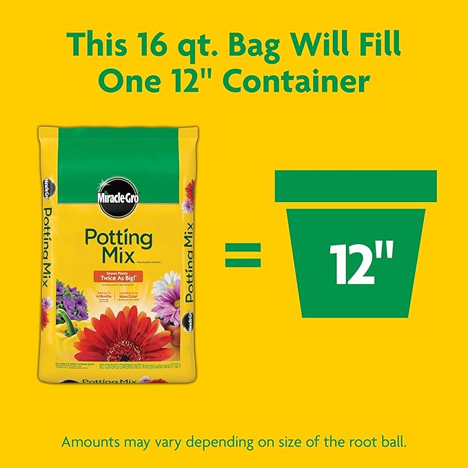 Miracle-Gro Potting Mix, For Container Plants, Flowers, Vegetables, Annuals, Perennials, Shrubs, Feeds for up to 6 Months, 16. qt., 2-Pack