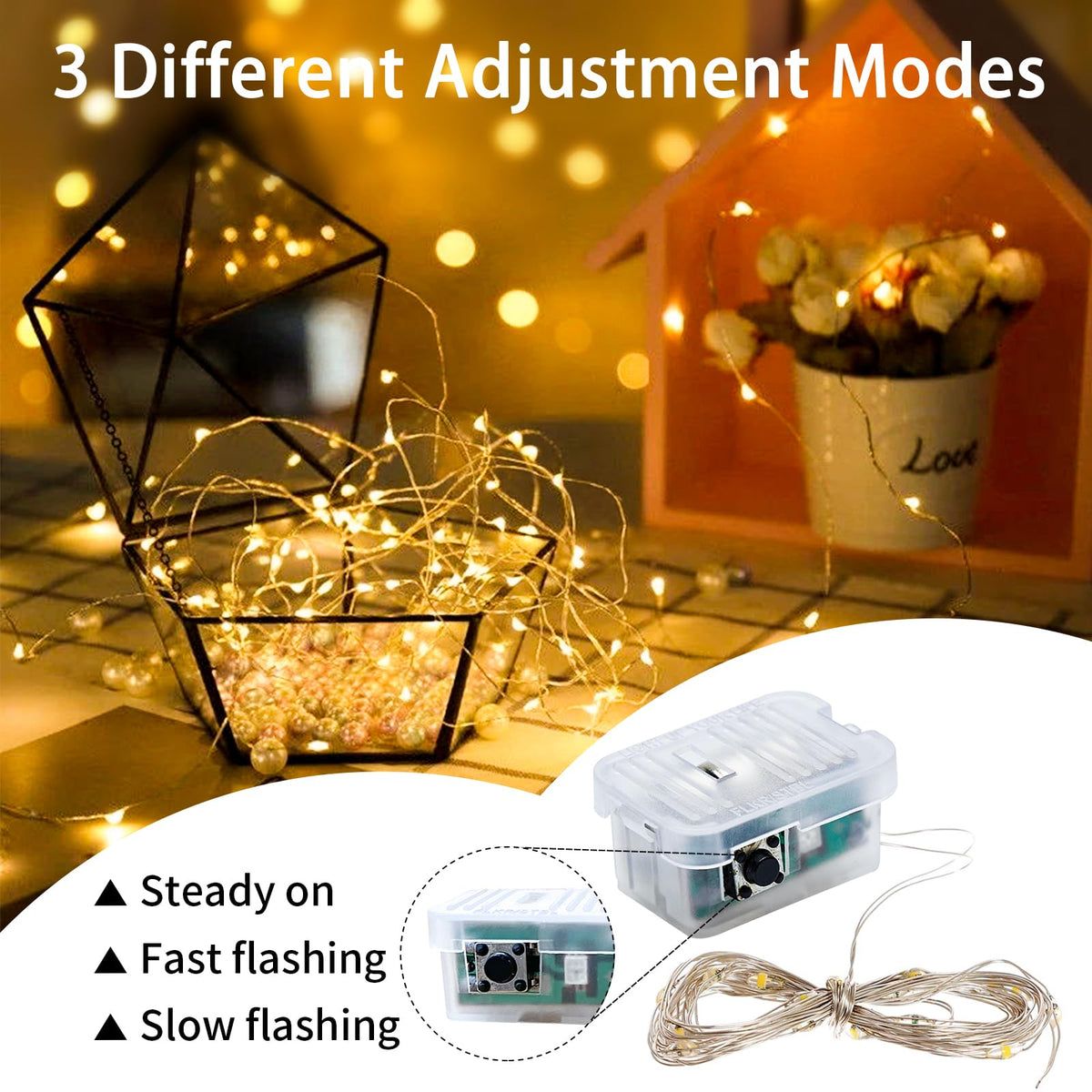 chzk 100 Pack Fairy Lights 7Ft 20 LED Twinkle String Lights 3 Modes Battery Operated Waterproof Firefly Starry for Mason Jar Wedding Birthday Party Table Centerpieces Bedroom Christmas,Warm White