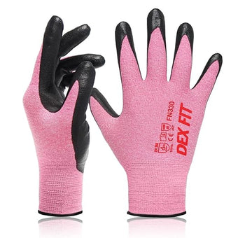 DEX FIT Nitrile Work Gloves FN330, 3D-Comfort Stretchy Fit, Firm Grip, Thin & Lightweight, Touch-Screen Compatible, Durable, Breathable & Cool, Machine Washable; Pink XL (10) 12 Pairs