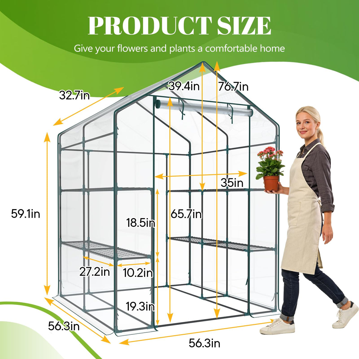 Sweetcrispy 56"x56"x77" Outdoor Greenhouse, with 2 Tier 8 Plant Shelves