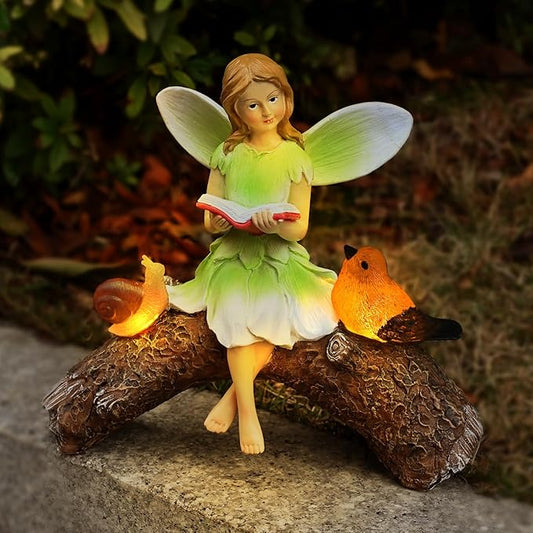 Garden Flower Fairy Statue Decor-Solar Outdoor Fairy Statues-Garden Fairy Outdoor Snail,Bird Figurines Decoration for Outside Patio Lawn Yard,Fairies Ornaments Gifts,Tall 8.4 Inches