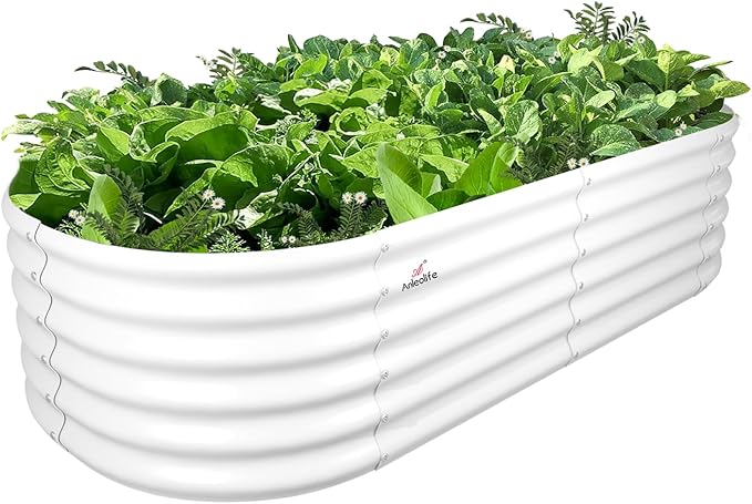 A ANLEOLIFE 6X2X1.5 ft Galvanized Raised Garden Beds Outdoor, Oval Round Metal Planter Box for Planting Vegetables Flowers Herb, Anti-Rust & Easy-Setup, Antique White