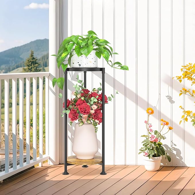 LASZOLA 2 Tier Black Plant Stand Indoor for Large Tall Heavy Duty Flower Planter, Metal Vertical Multi Level Rack for Narrow Floor Corner, Sturdy Round Holder Organizer, Modern, Mid Century, Farmhouse