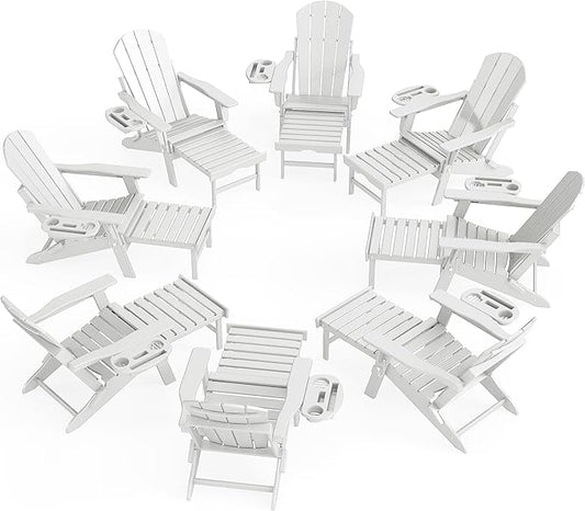 Adjustable Adirondack Chair with Retractable Ottoman Set of 8, HDPE Folding Adirondack Chair with Cup Holder, All Weather Fire Pit Chair for Outdoor.