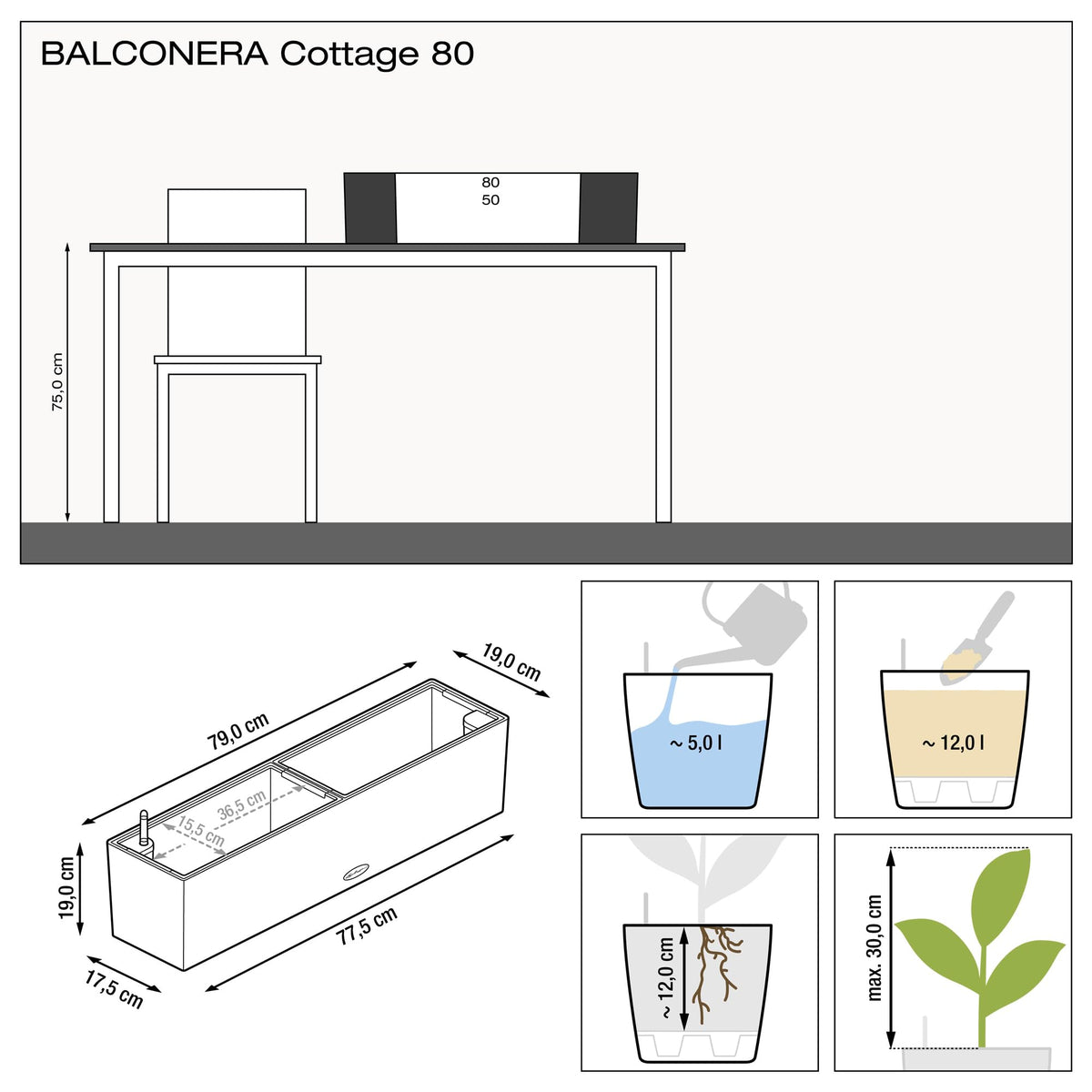 LECHUZA 15619 Balconera Cottage 80 Self-Watering Planter, Graphite Black