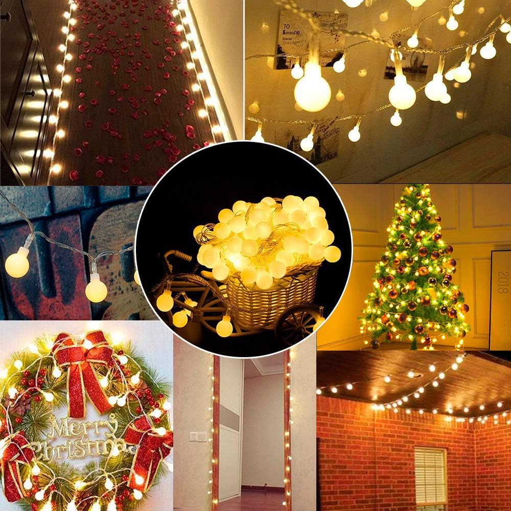 YoTelim Globe String Lights Battery Operated Warm White ，Water Proof 1 Pack 33FT 80 LED Globe Fairy String Light 8 Modes with Remote Control, for Home, Party, Christmas, Wedding, Garden Decoration