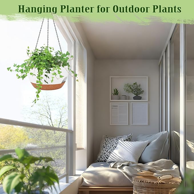 Lucieblessdesign Hanging Planters for Outdoor Indoor Plants, 2 Pack 12 Inch Hanging Basket Plants Outdoor, Self Watering Hanging Planter with Plant Hanger for Garden Home Decoration (White)